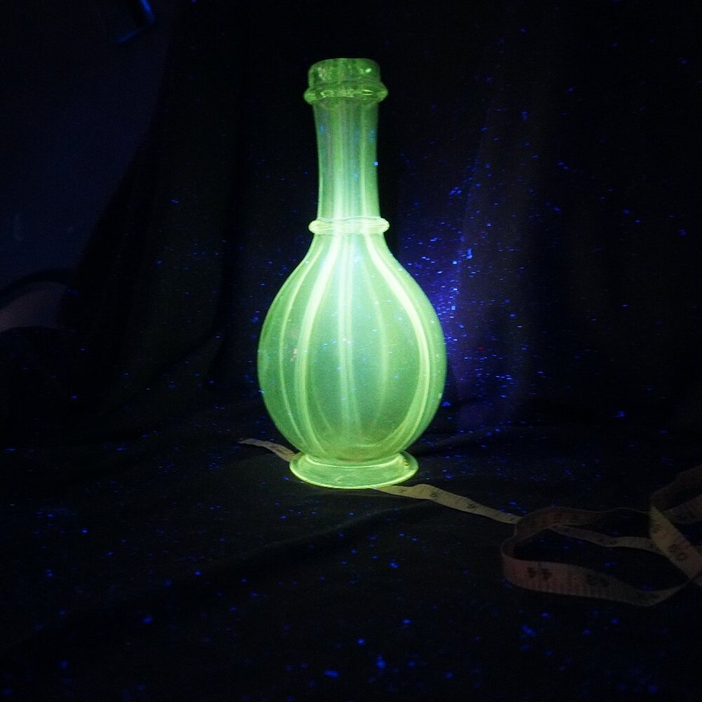 Vintage Uranium Glass Glow 4 Hole Vase Bottle